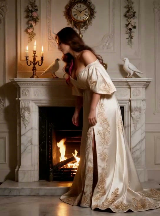 Woman in off-shoulder embroidered cream gown stands before a lit marble fireplace, with white dov...