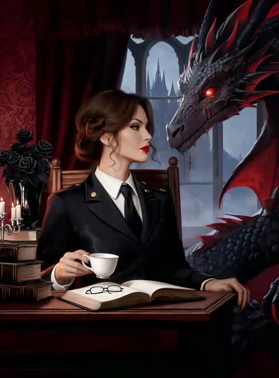 Poised woman in formal uniform holds a teacup, gazing at a glowing red-eyed black dragon in a got...