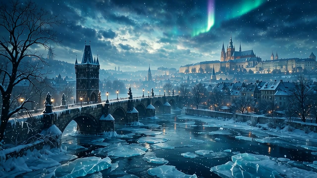 Aurora borealis glows over snow-dusted Charles Bridge and historic Prague skyline on a snowy wint...