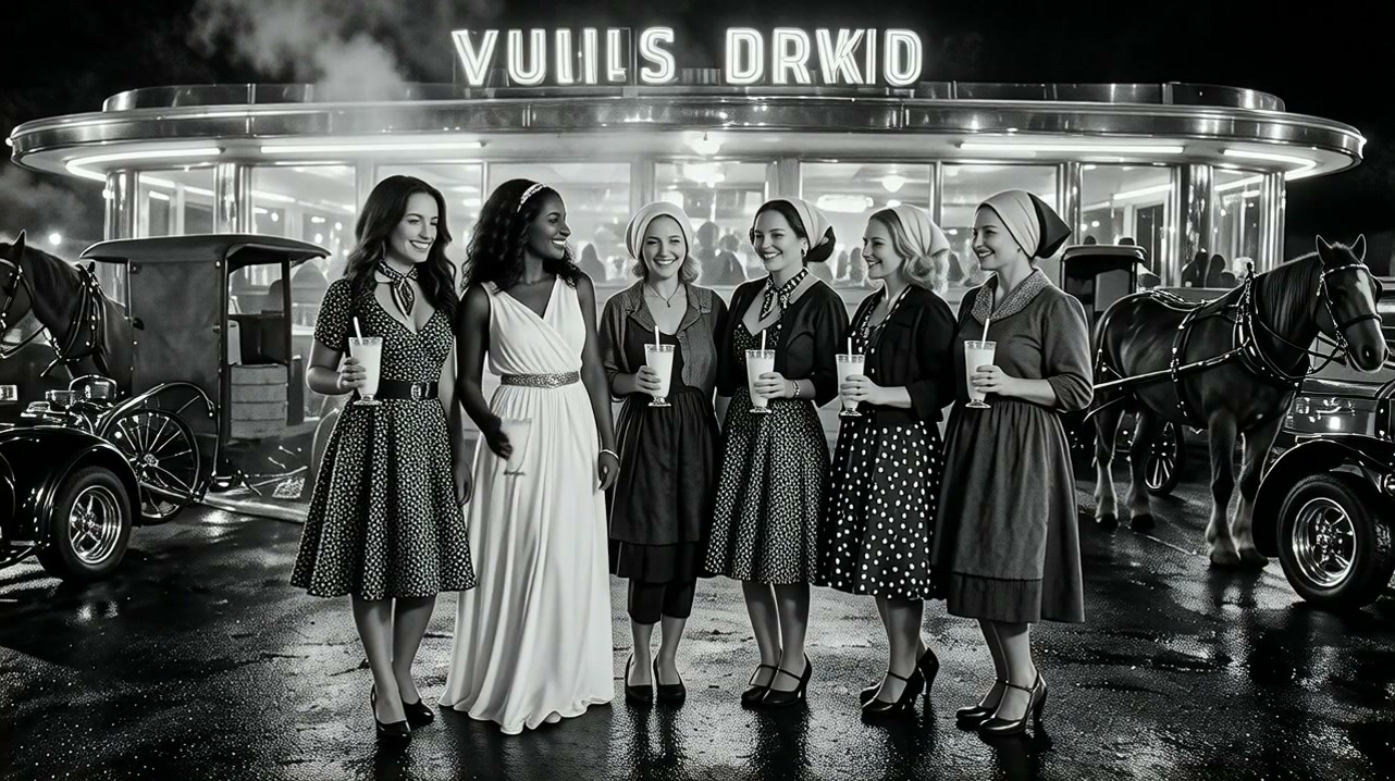 Six smiling women holding milkshakes stand outside a glowing retro neon diner flanked by horse-dr...