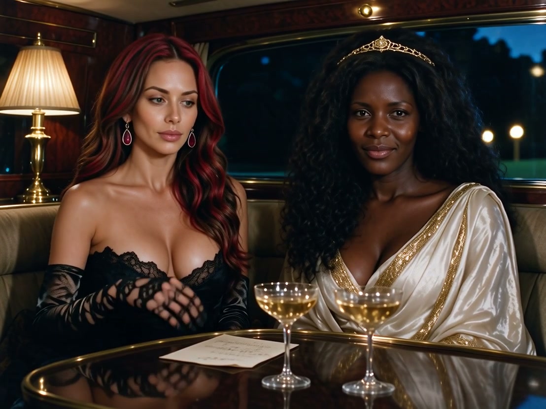 Two elegantly dressed women seated in a luxury private train carriage with champagne flutes on th...