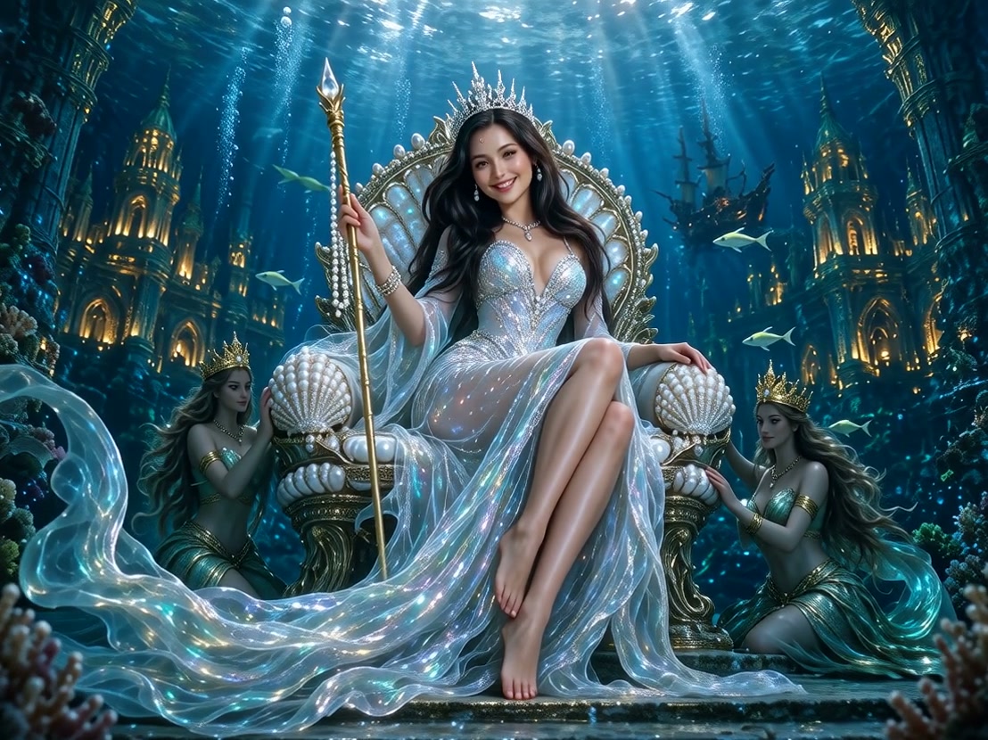Smiling sea queen sits on an ornate pearl shell throne flanked by mermaid attendants in a sunlit ...