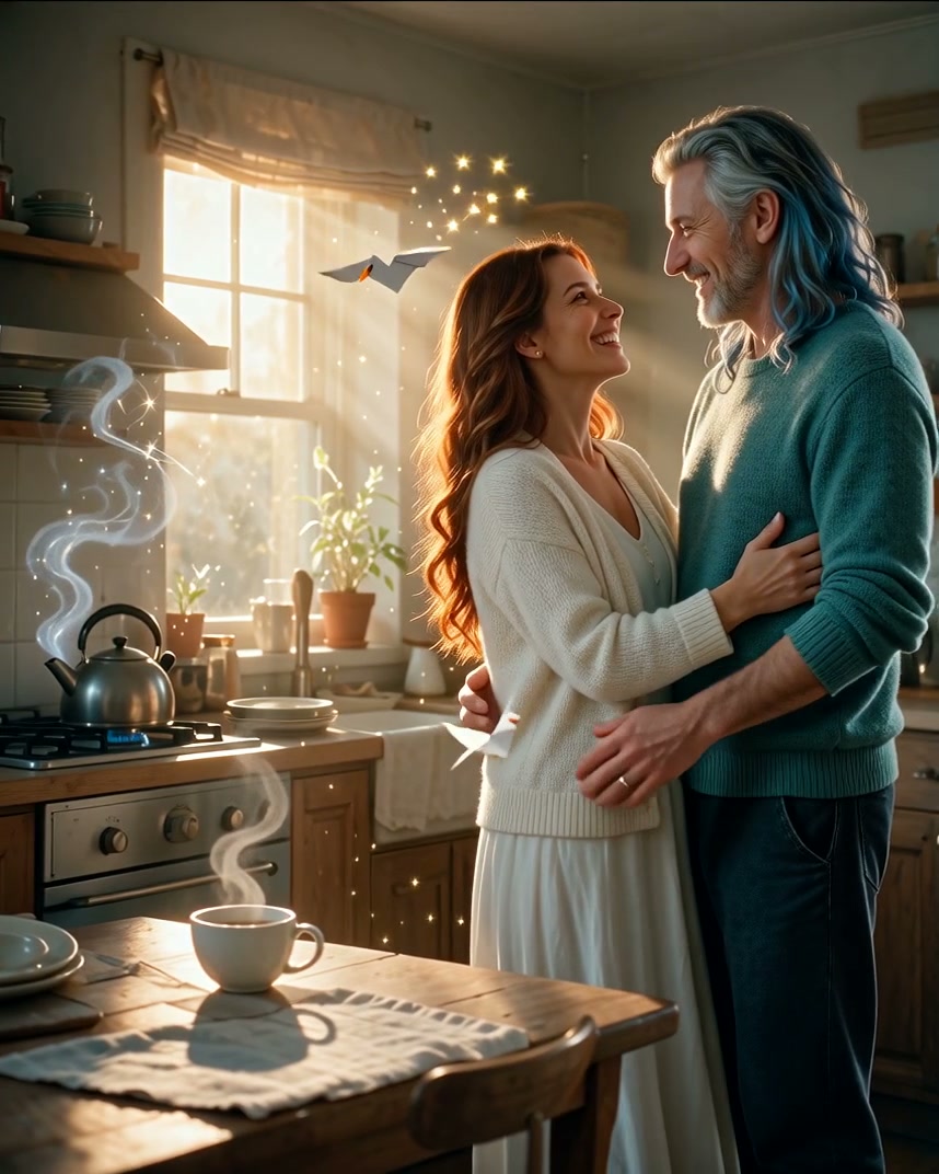 Smiling middle aged couple embracing in a sunlit cozy kitchen with floating magical origami birds