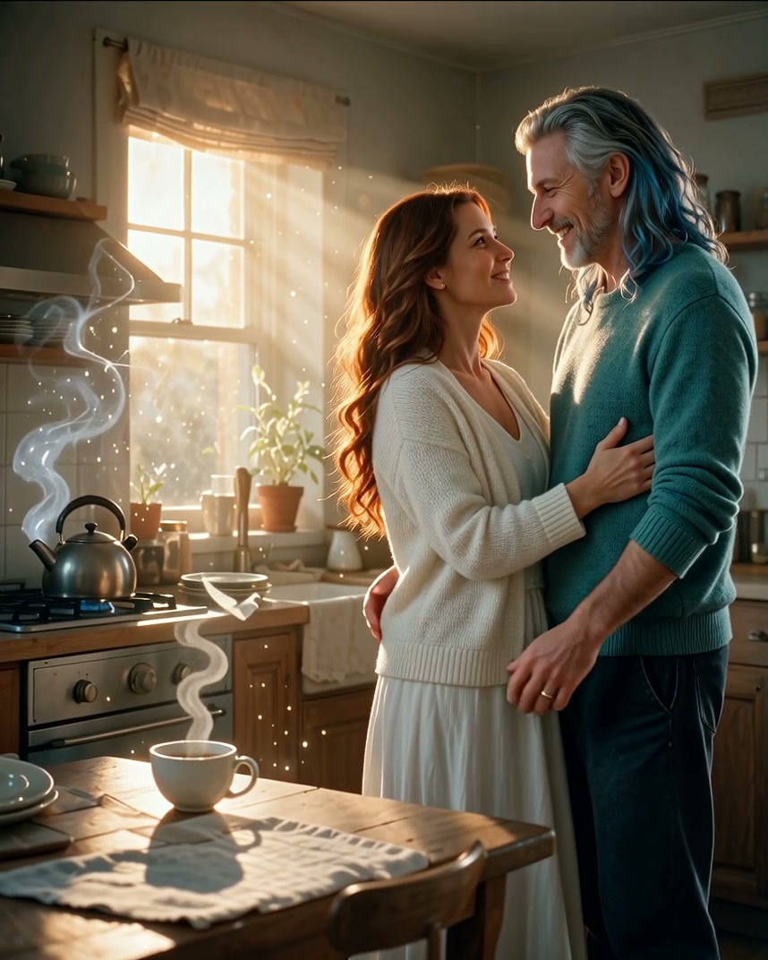 Affectionate mature couple sharing a tender moment in a sunlit cozy cottage kitchen