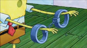 Partial shot of SpongeBob SquarePants with comically overstretched arms extended through a pair o...