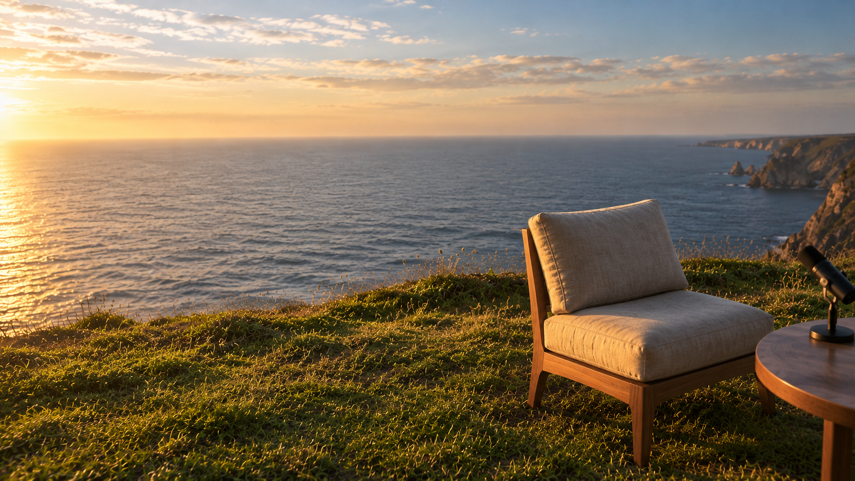 Plush wooden armchair sits on a grassy coastal clifftop overlooking ...