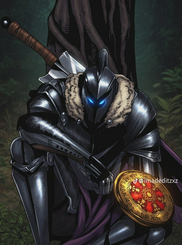Dark armored fantasy knight with glowing blue eyes rests against a forest tree, holding a greatsw...