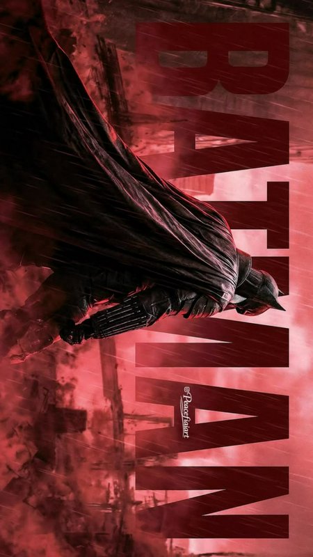 Stylized Batman fan art of the caped crusader in a crouched stance, red rainy destroyed Gotham ba...
