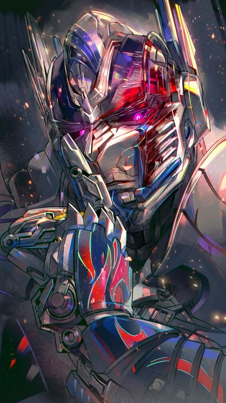 Close-up stylized fan art of Optimus Prime with glowing purple eyes, in a thoughtful pose amid fl...