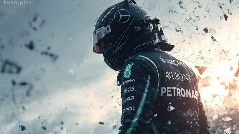 [Cinematic portrait of Mercedes F1 driver in branded racing gear and helmet, surrounded by floating shattered glass shards]