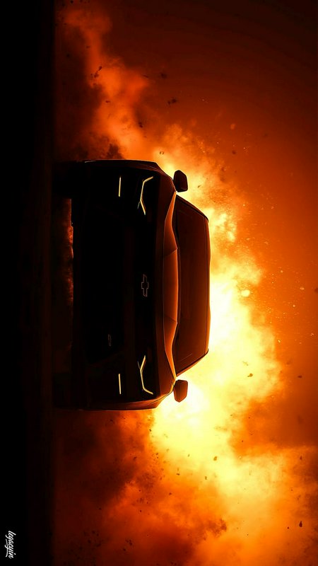 Silhouetted modern Chevrolet SUV with glowing LED headlights backlit by a massive bright orange f...