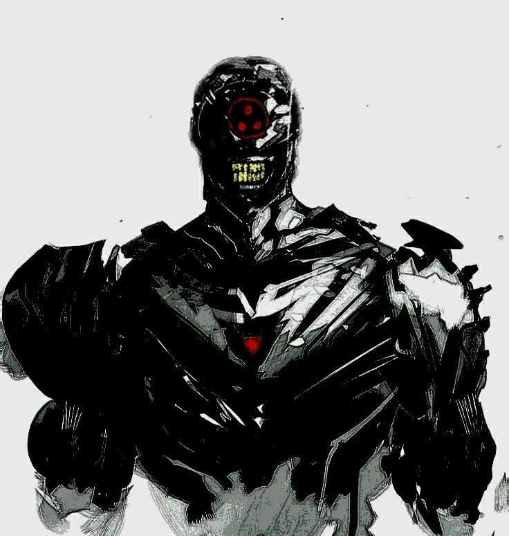 Rough grunge sketch of a menacing sci-fi cyborg with red multi-optic eyes, glowing yellow teeth, ...