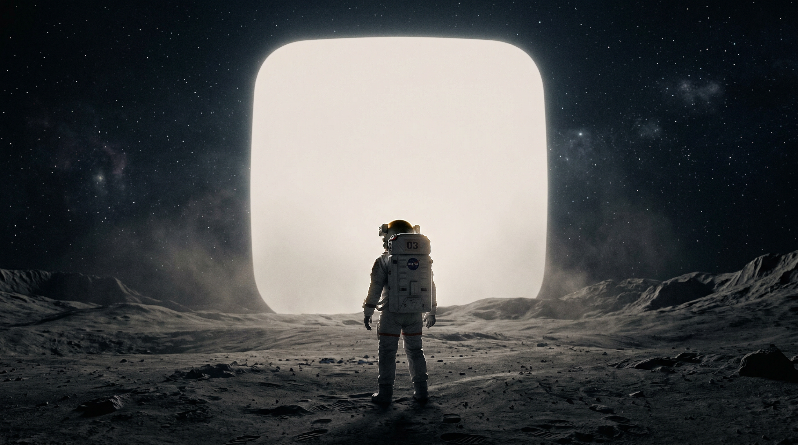 Astronaut on a lunar surface facing a large glowing portal-shaped doorway.