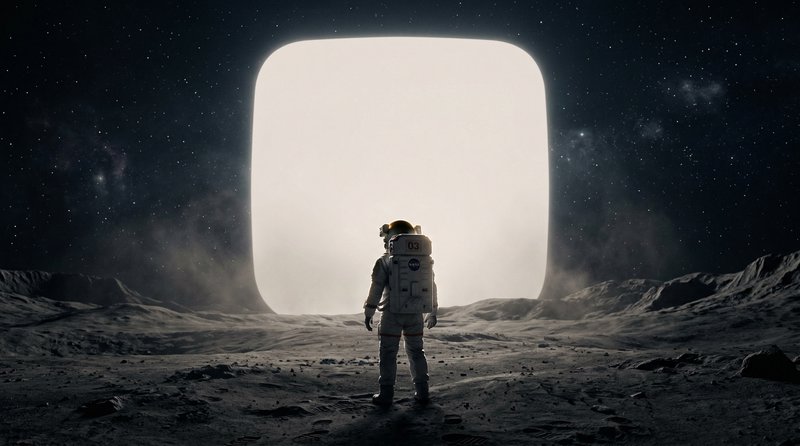 Astronaut on a lunar surface facing a large glowing portal-shaped doorway.