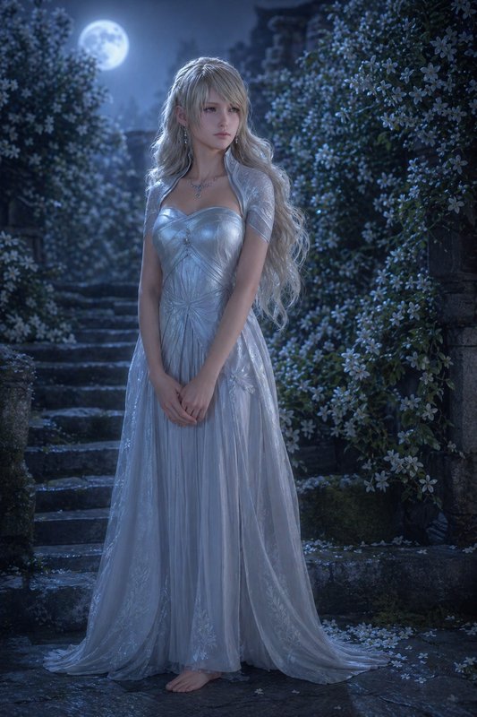 Young woman in a shimmering silver-blue evening gown stands barefoot on stone steps under a full ...