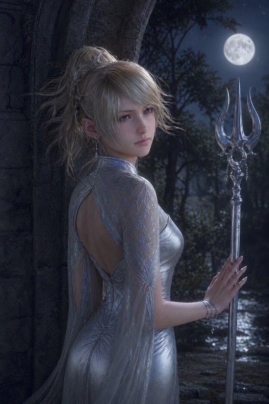 Soft-lit fantasy cosplayer in a silver gown with a trident by a moonlit lake.