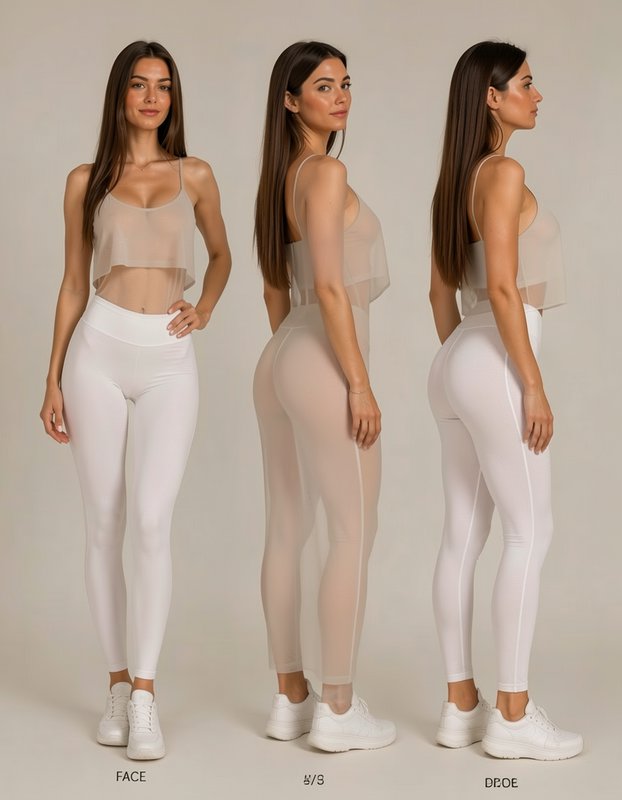 Turnaround reference sheet showing female model in white activewear in front, 3/4, and side profi...