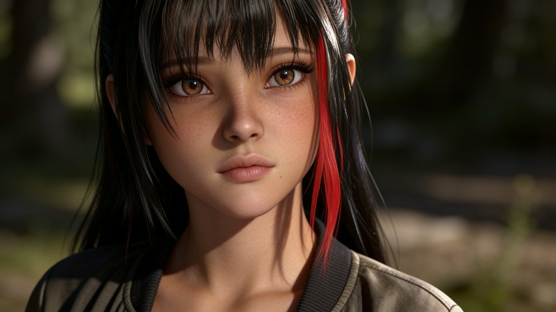 Close-up portrait of a realistic anime-style girl with black hair, red side streak, freckles, sun...