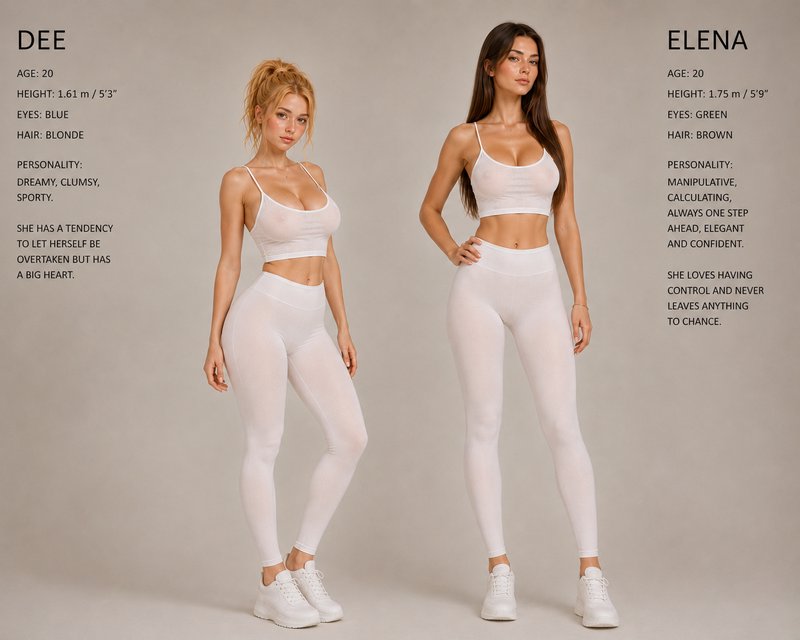Character reference sheet of female characters Dee and Elena, posed in matching white activewear ...