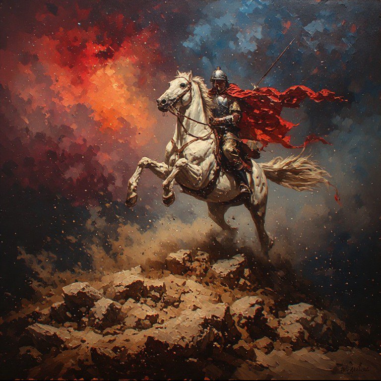 Impasto oil painting of an armored knight with a flowing red cape atop a rearing white war horse ...