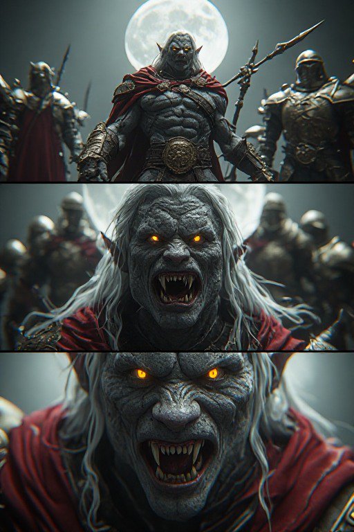 3-panel progressive zoom of menacing gray orc warlord with glowing eyes, leading armored fantasy ...