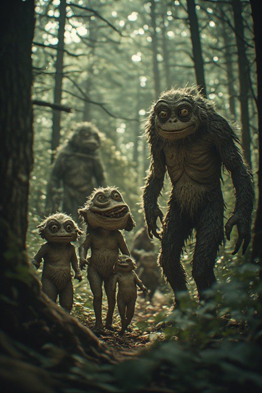 Family of whimsical bigfoot-like cryptid creatures walking along a sun-dappled misty forest trail