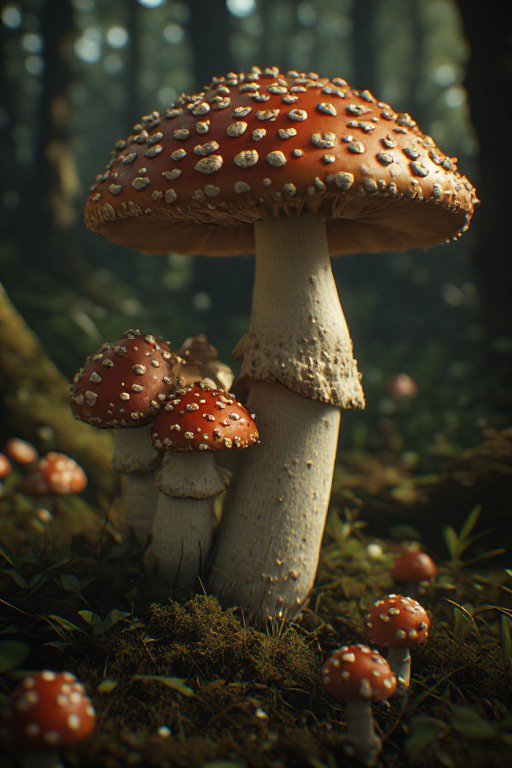 Close-up of clustered red-and-white spotted fly agaric mushrooms growing on a mossy dappled fores...