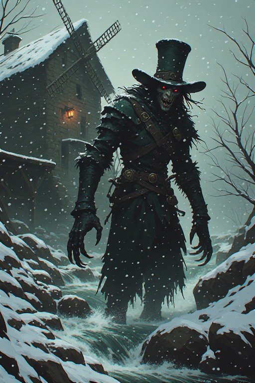 Menacing grinning undead creature in a tall top hat stands in an icy stream beside a snow-covered...