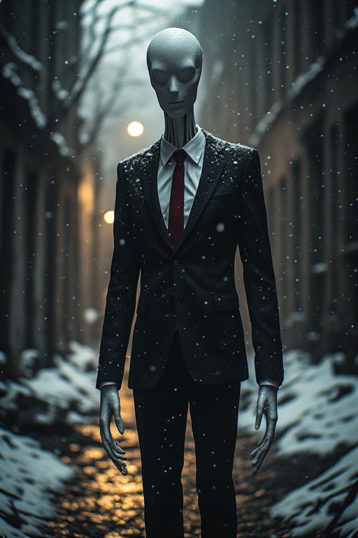 Tall slender featureless humanoid in a black suit stands in a foggy snowy urban alley as snow fal...