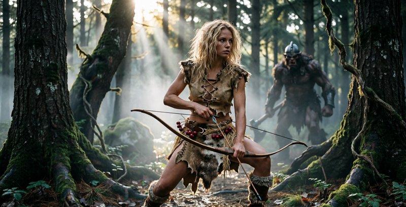 Fierce blonde female archer nocks an arrow, ready to fight a menacing approaching orc warrior in ...