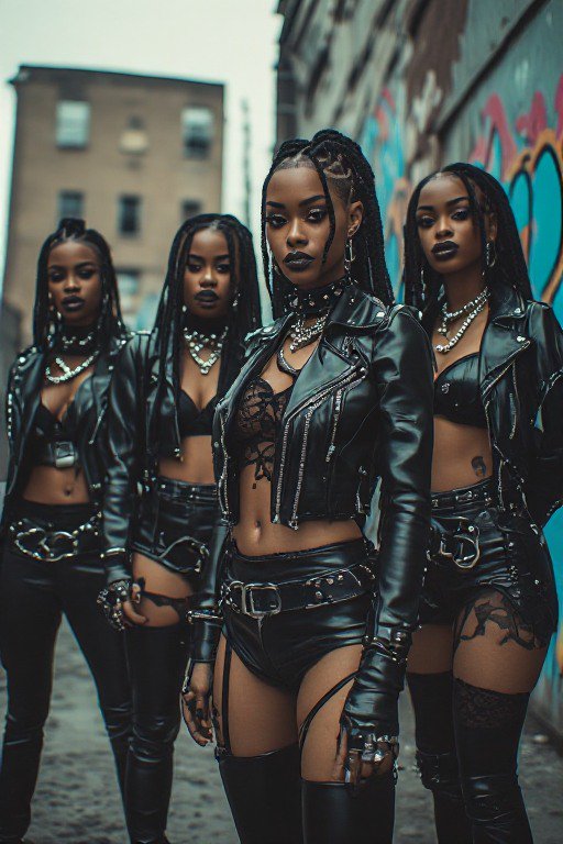 Four confident stylish Black women in edgy leather streetwear pose in a graffiti-lined urban city...