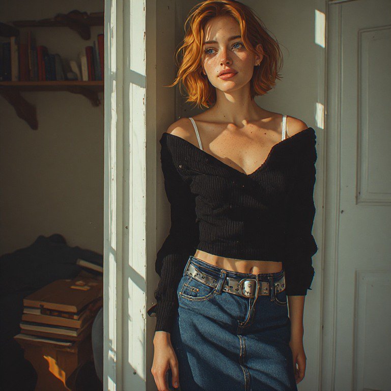 Young freckled red-haired woman leaning against a sunlit home doorway