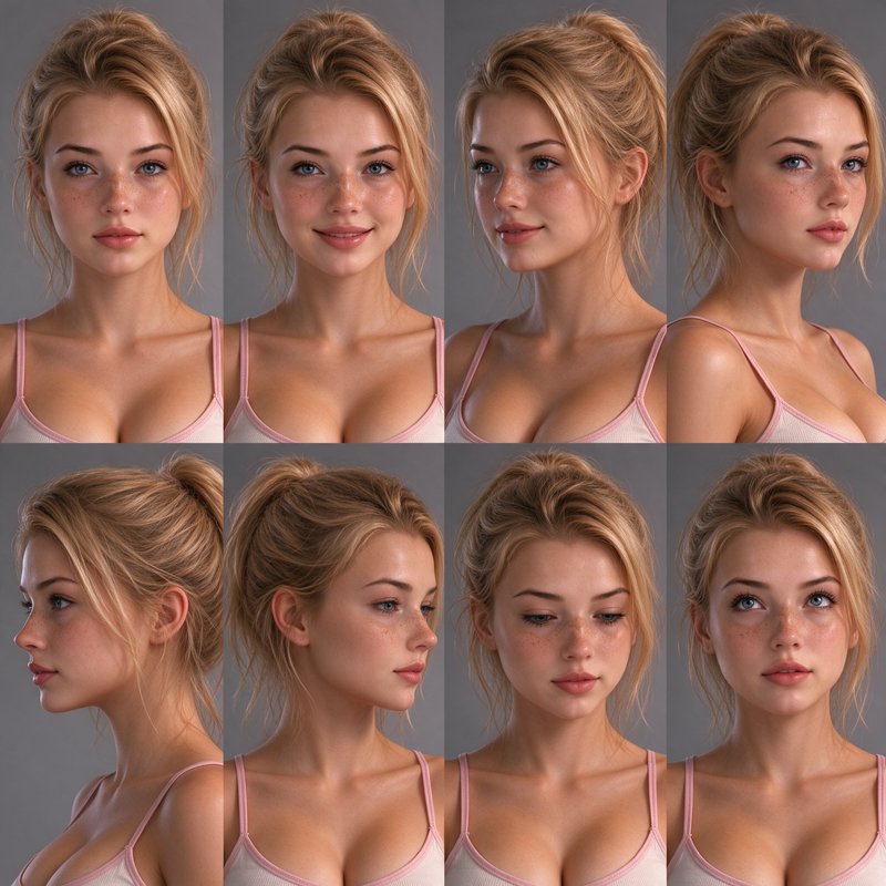 8 panel reference grid showing the same blonde freckled young woman from varied face and head angles