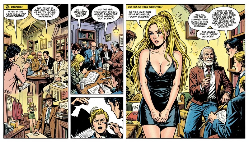 Three panel comic page set in a cozy bookstore cafe, centered on a long-haired blonde woman in a ...
