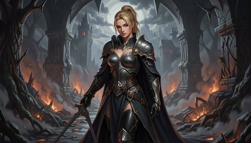 Blonde female knight in ornate steel armor holds a sword while standing in a burning gothic castl...