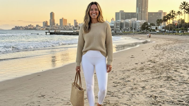 Smiling woman carrying a straw tote stands on a sandy urban beach during golden sunset