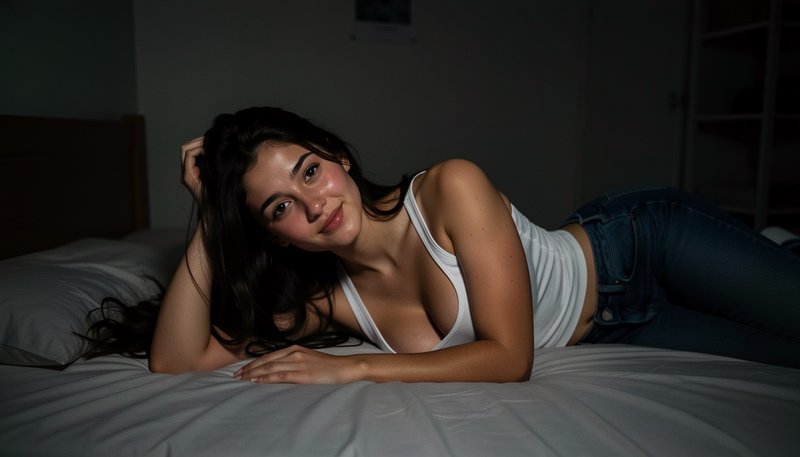 Young woman with long dark hair smiling softly while reclining on a bed in a dim bedroom