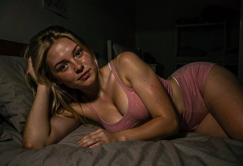 Young freckled blonde woman in pink loungewear rests on a bed looking at the camera in dim bedroo...
