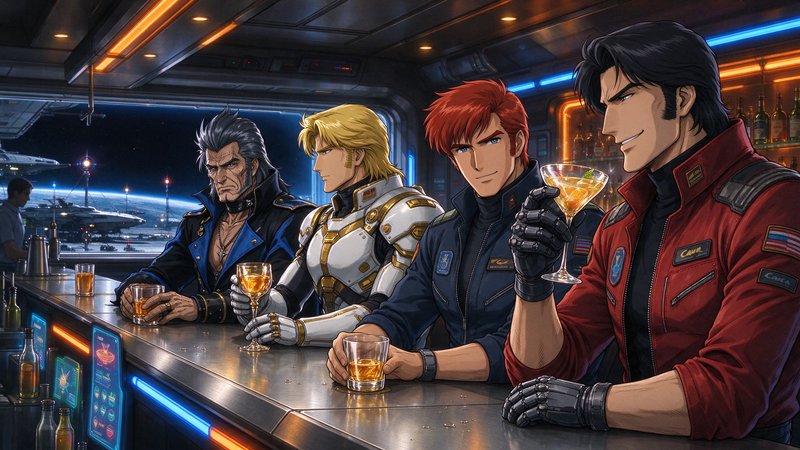 Four anime sci-fi characters enjoy drinks at a neon-lit space station bar overlooking outer space