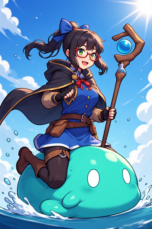 Cheerful anime mage with red glasses rides a friendly turquoise slime across sunlit water