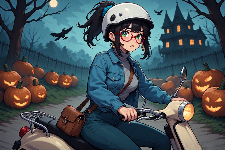 Nervous anime girl on a vintage scooter surrounded by glowing jack-o-lanterns on a spooky Hallowe...