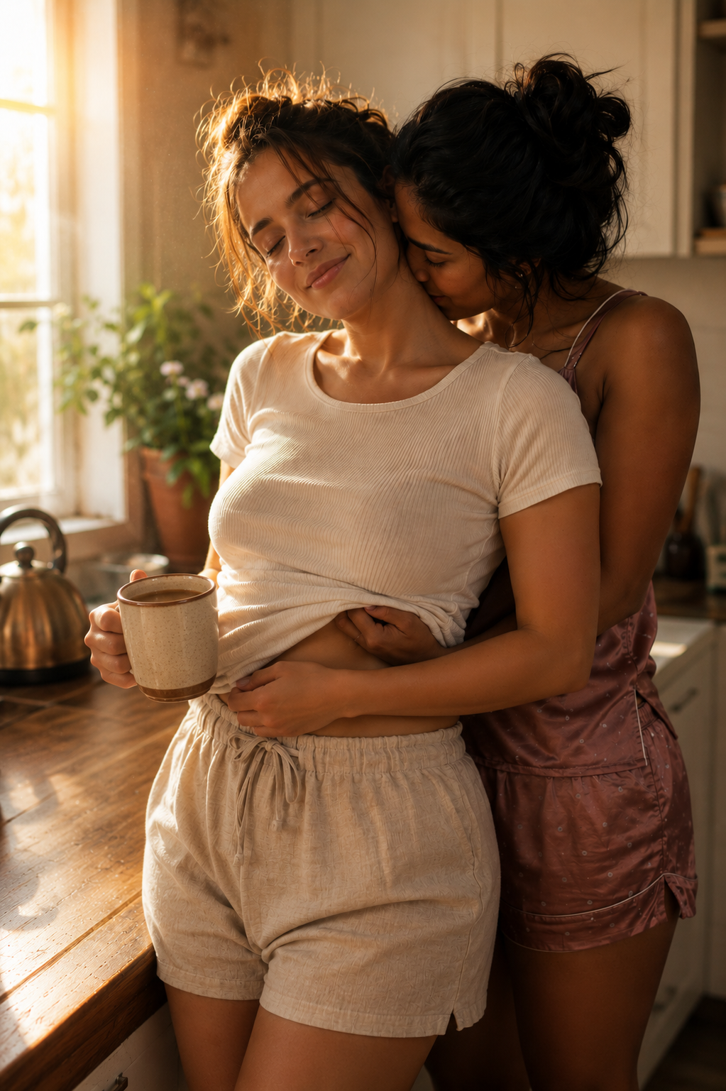 [Tender queer couple share a quiet morning embrace in a sunlit kitchen, one holding a coffee mug as the other kisses her n...