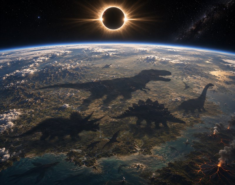 Total solar eclipse viewed from orbit casts giant dinosaur shadows across prehistoric Earth, with...