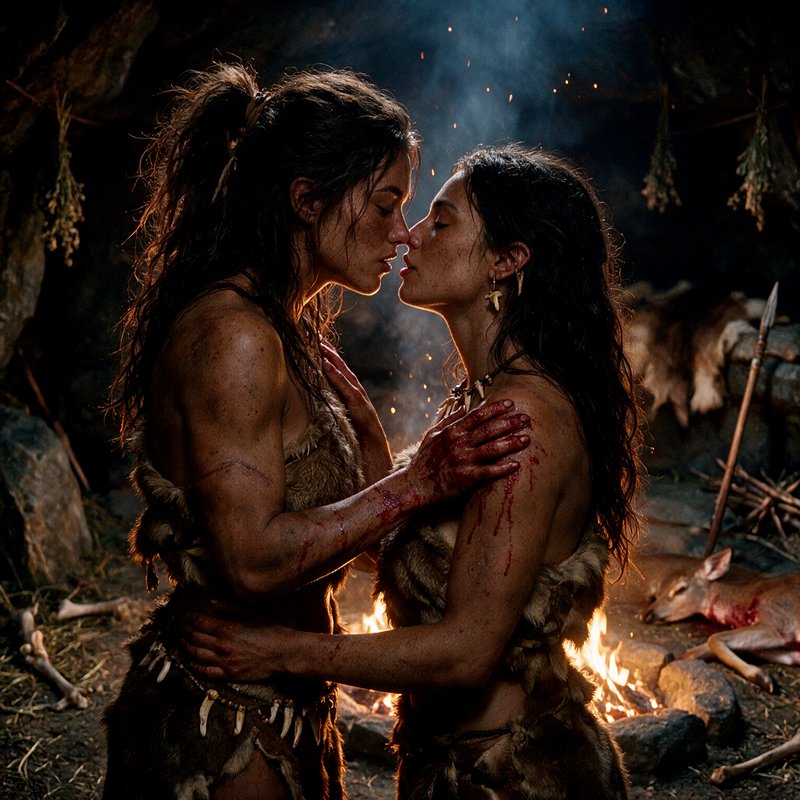 Two prehistoric cave women in fur garments share an intimate tender moment by a glowing campfire ...