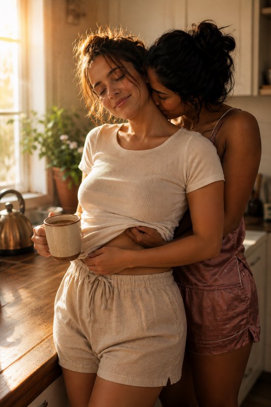 Tender queer couple share a quiet morning embrace in a sunlit kitchen, one holding a coffee mug a...