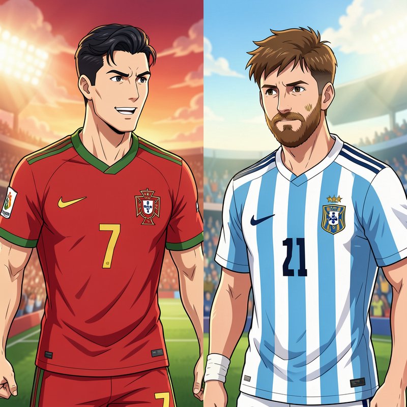 Split anime style portrait of Cristiano Ronaldo in Portugal #7 kit and Lionel Messi in Argentina ...
