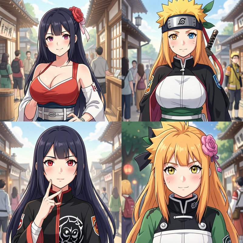 4 panel grid of gender-swapped Naruto shinobi characters set on a sunlit Hidden Leaf village stre...