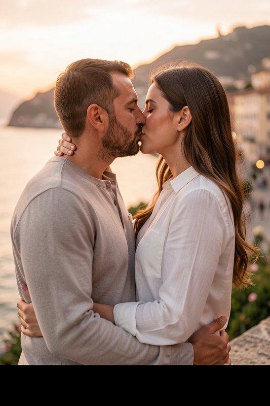 Tender couple embracing and kissing on a coastal Mediterranean overlook during warm golden hour s...