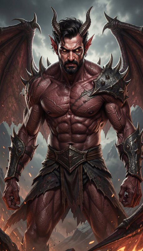 Muscular horned demon warrior with bat wings and glowing golden eyes stands in a fiery stormy und...