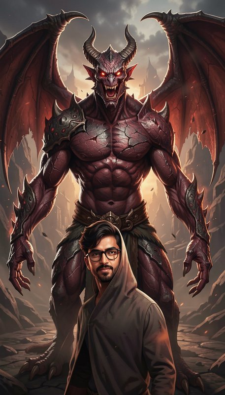 Hooded man with glasses stands before a towering horned winged demon in a dark fantasy wasteland